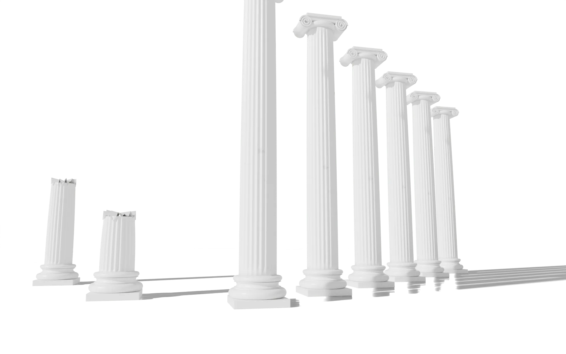 White marble Ionic columns standing in soft sunlight, some of them broken, in the style of an ancient Greek temple