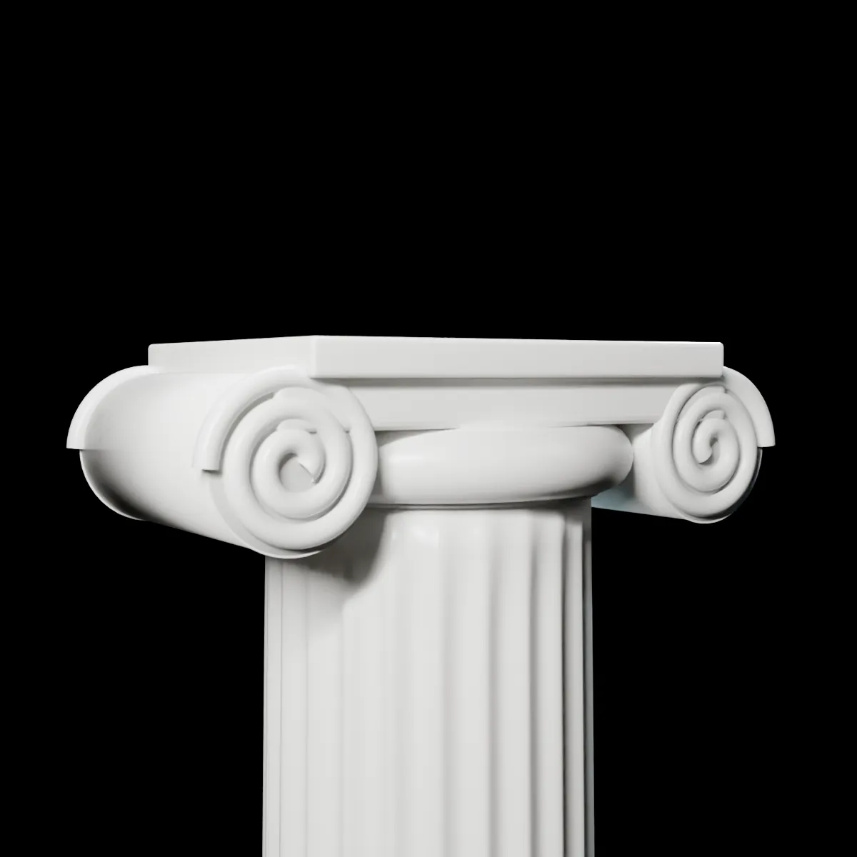 Close-up of a white marble Ionic column capital with its spiral volutes, on black