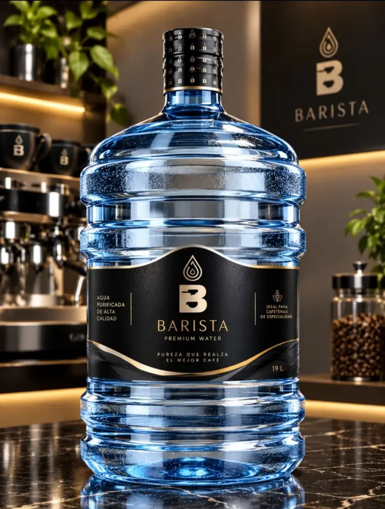 Barista Water premium 19 liter jug by John G Drinks on a coffee bar