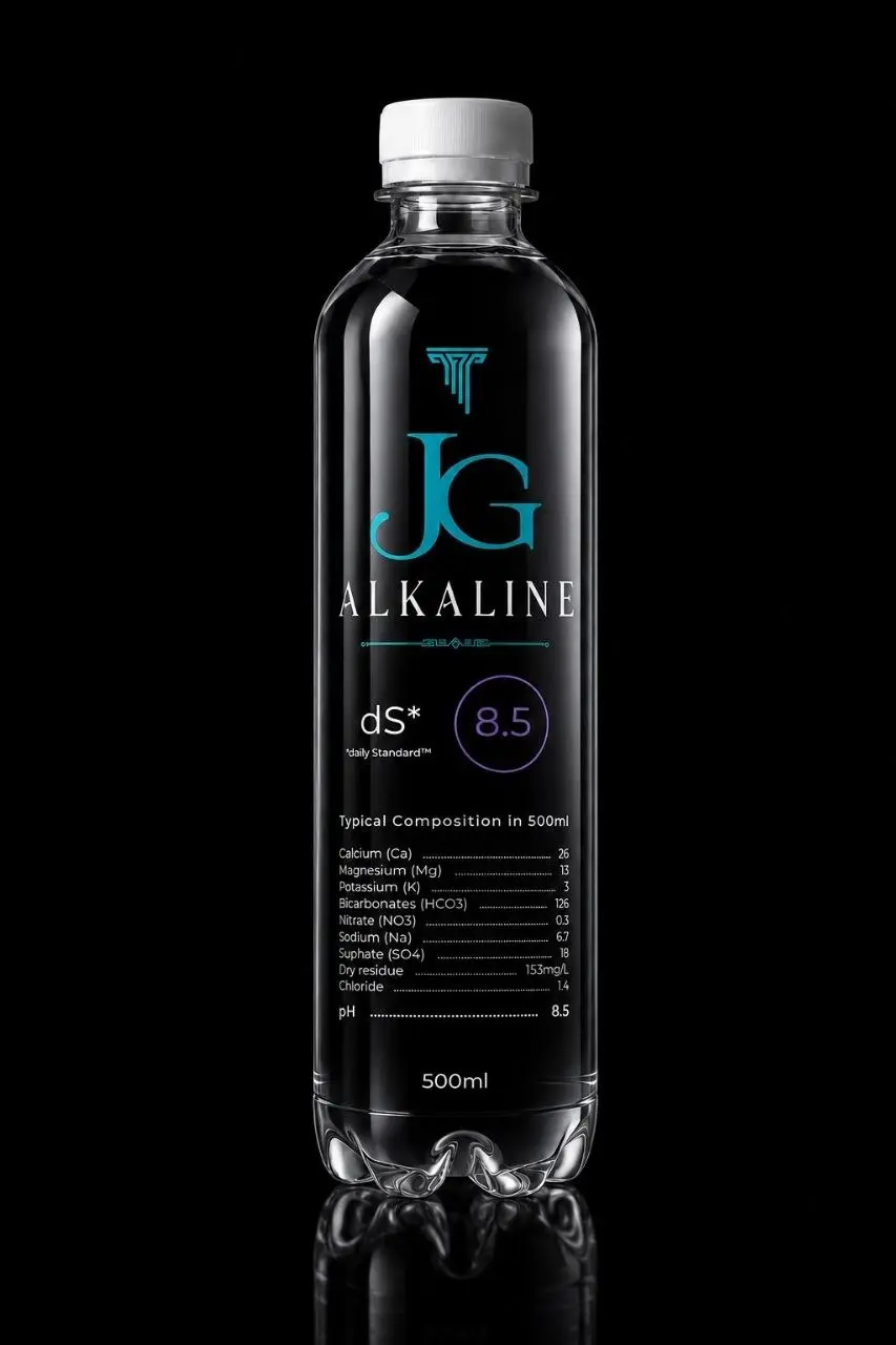 JG Alkaline Water 500 ml bottle on black, with the dS* 8.5 label